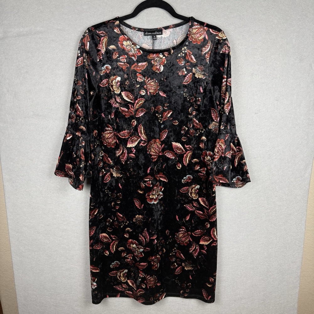 Alison Andrews Floral Velvet Bell Sleeve Shift Dress Sz M Dark Romantic